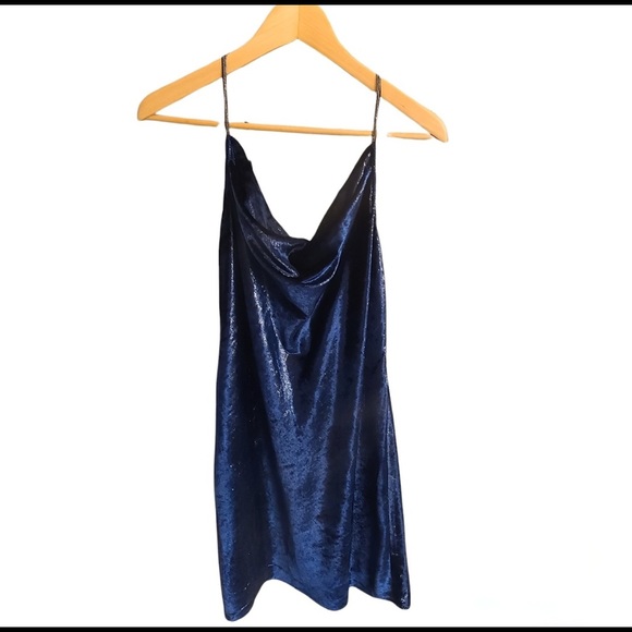 Halston Heritage Metallic Velvet Short Slip Dress Navy Blue size 8 NWT - Picture 3 of 8